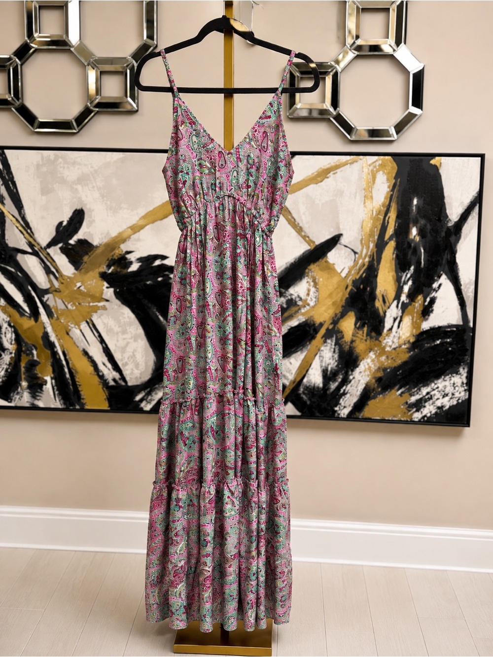 Rhea Costa Pink and Teal Paisley Maxi Dress